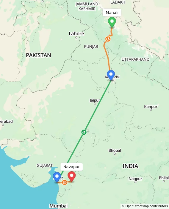 Route map showing distance and travel time from Manali, India to Navapur, India