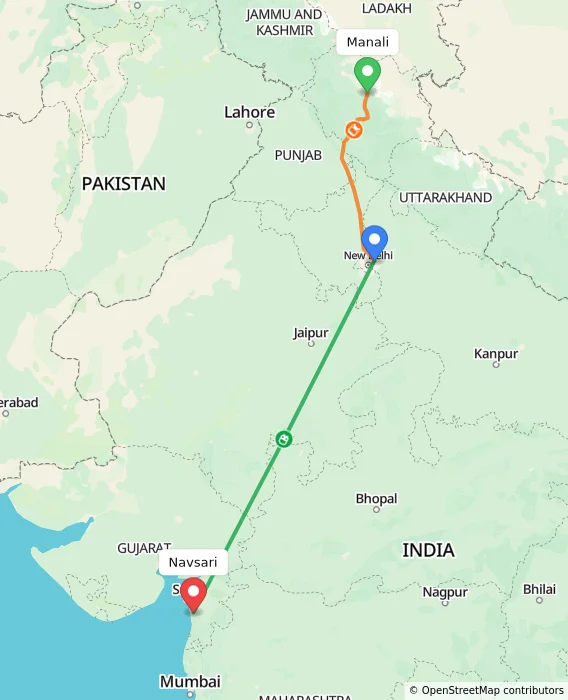 Route map showing distance and travel time from Manali, India to Navsari, India