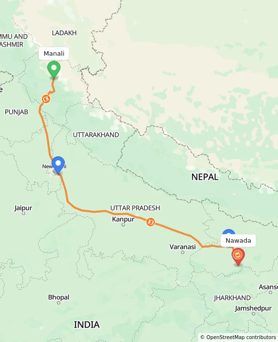 Route map showing distance and travel time from Manali, India to Nawada, India