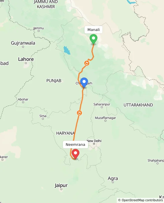 Route map showing distance and travel time from Manali, India to Neemrana, India