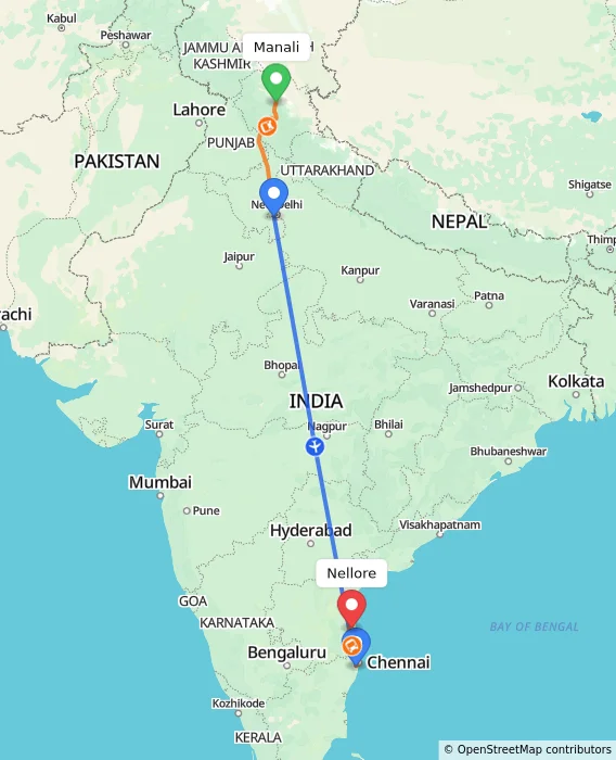 Route map showing distance and travel time from Manali, India to Nellore, India