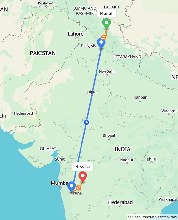 Route map showing distance and travel time from Manali, India to Nevasa, India