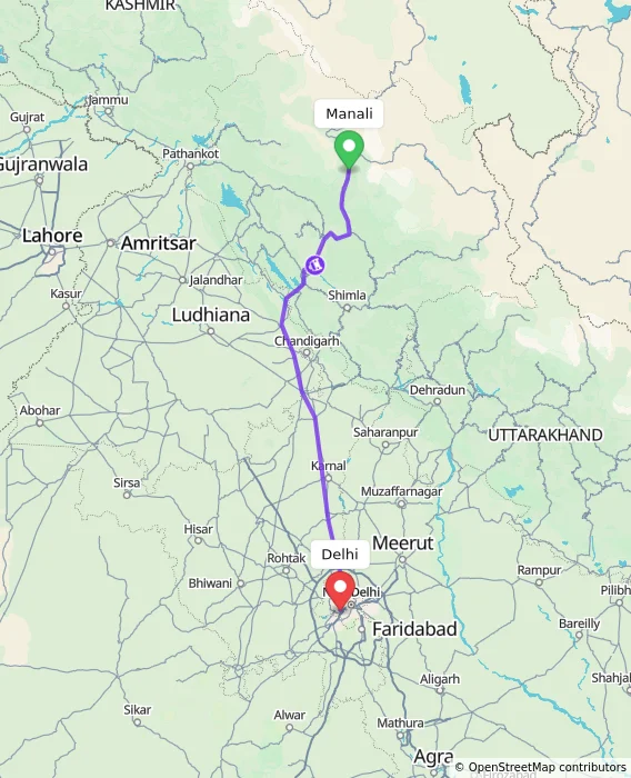 Route map showing distance and travel time from Manali, India to Delhi, India