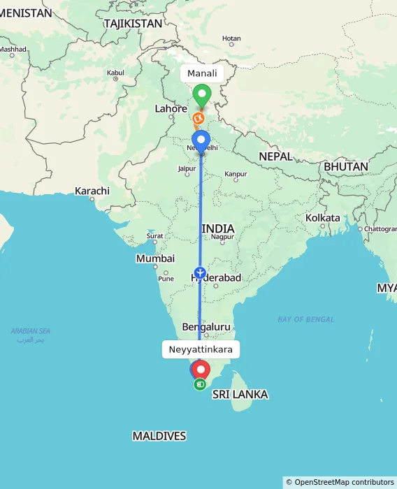 Route map showing distance and travel time from Manali, India to Neyyattinkara, India