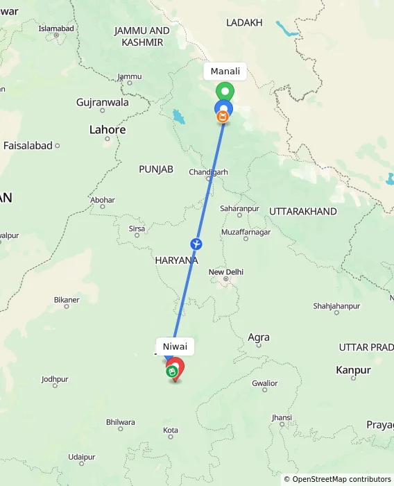 Route map showing distance and travel time from Manali, India to Niwai, India