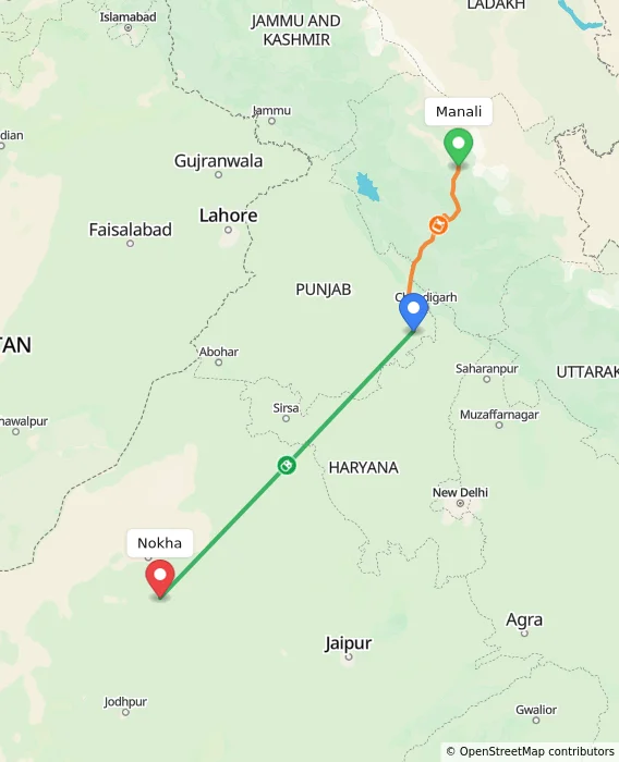 Route map showing distance and travel time from Manali, India to Nokha, India