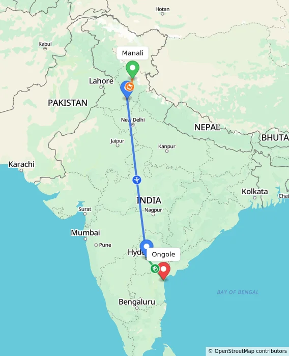Route map showing distance and travel time from Manali, India to Ongole, India