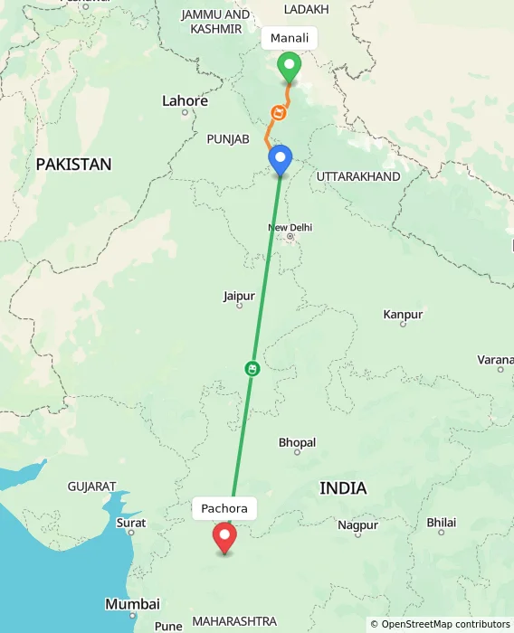 Route map showing distance and travel time from Manali, India to Pachora, India