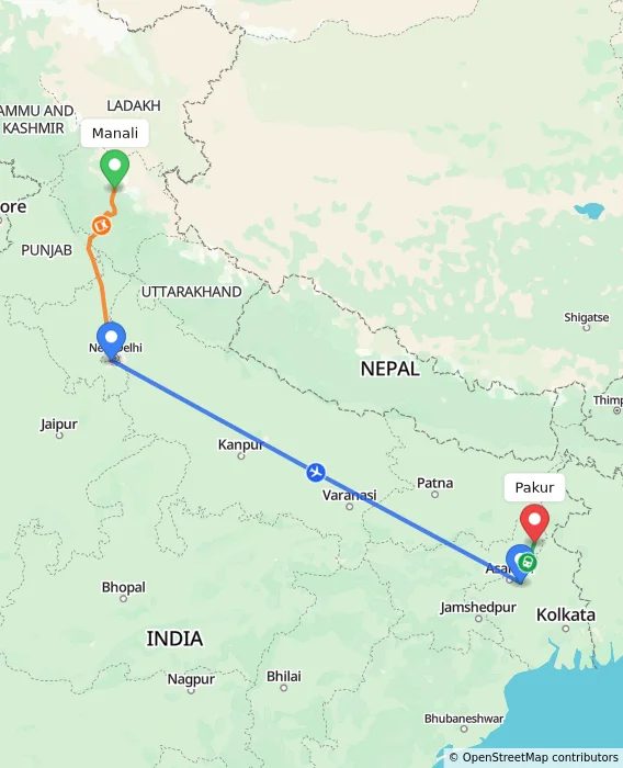 Route map showing distance and travel time from Manali, India to Pakur, India