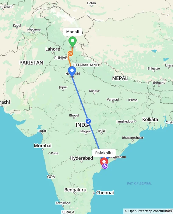 Route map showing distance and travel time from Manali, India to Palakollu, India