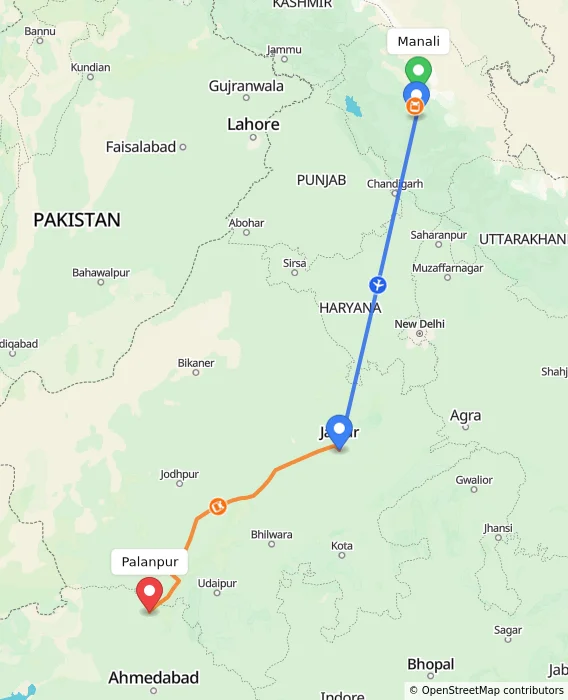 Route map showing distance and travel time from Manali, India to Palanpur, India