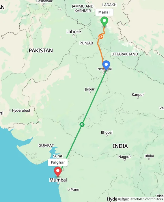 Route map showing distance and travel time from Manali, India to Palghar, India