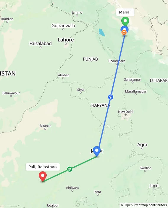 Route map showing distance and travel time from Manali, India to Pali, Rajasthan, India