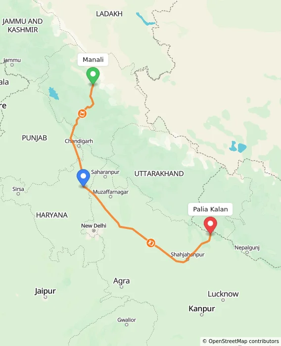Route map showing distance and travel time from Manali, India to Palia Kalan, India