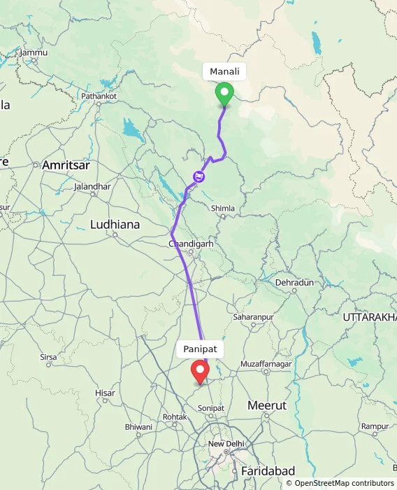 Route map showing distance and travel time from Manali, India to Panipat, India