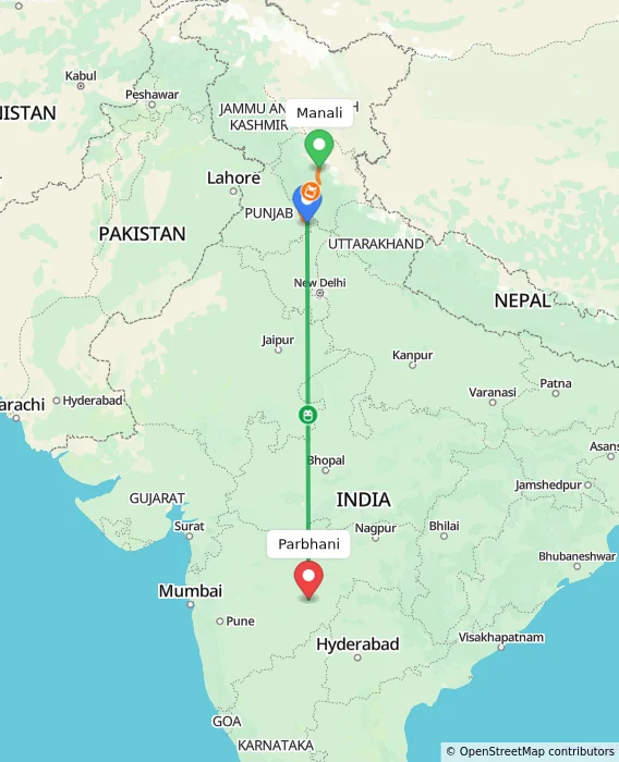 Route map showing distance and travel time from Manali, India to Parbhani, India