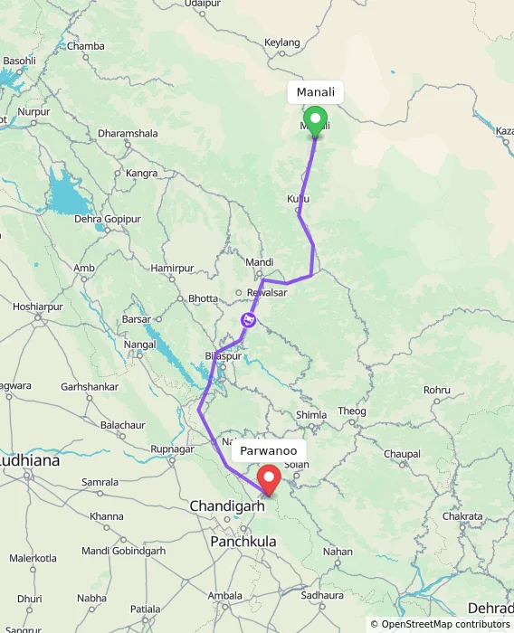 Route map showing distance and travel time from Manali, India to Parwanoo, India