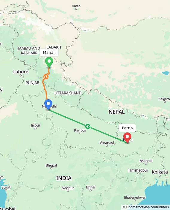 Route map showing distance and travel time from Manali, India to Patna, India