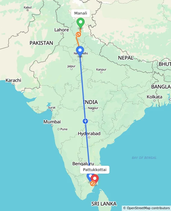 Route map showing distance and travel time from Manali, India to Pattukkottai, India