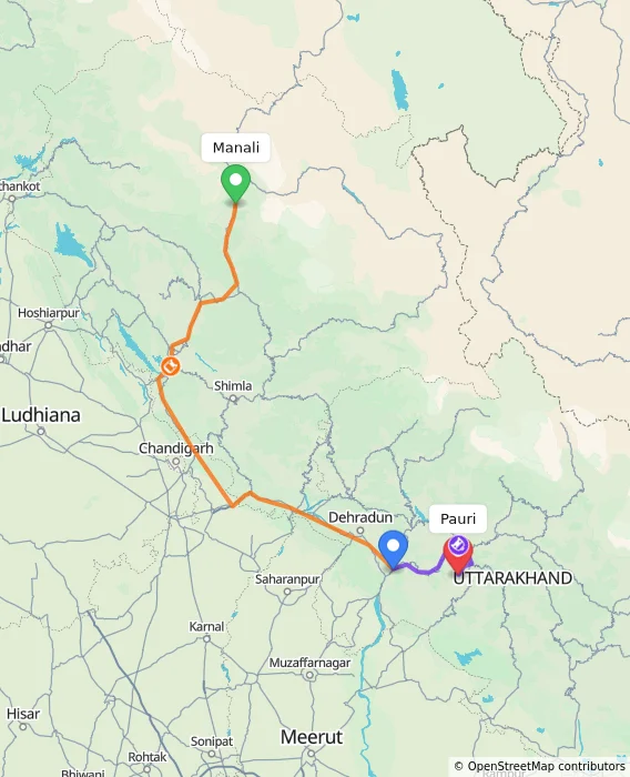 Route map showing distance and travel time from Manali, India to Pauri, India