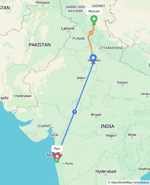 Route map showing distance and travel time from Manali, India to Pen, India