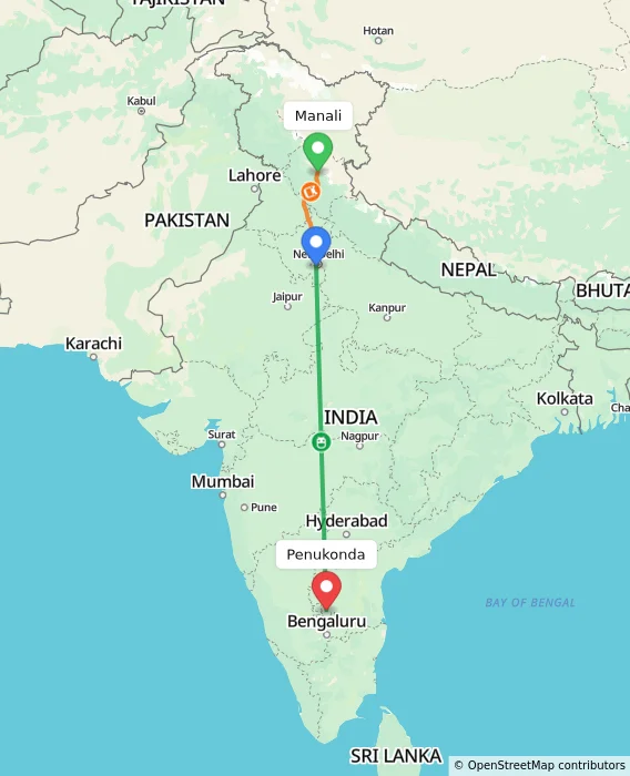Route map showing distance and travel time from Manali, India to Penukonda, India