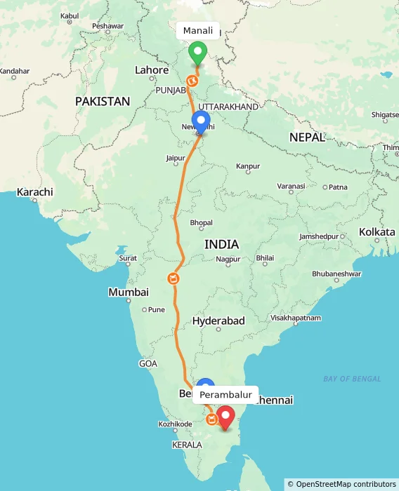 Route map showing distance and travel time from Manali, India to Perambalur, India