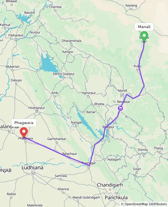 Route map showing distance and travel time from Manali, India to Phagwara, India