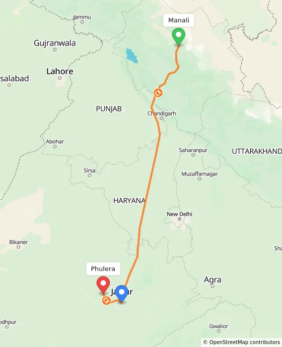 Route map showing distance and travel time from Manali, India to Phulera, India