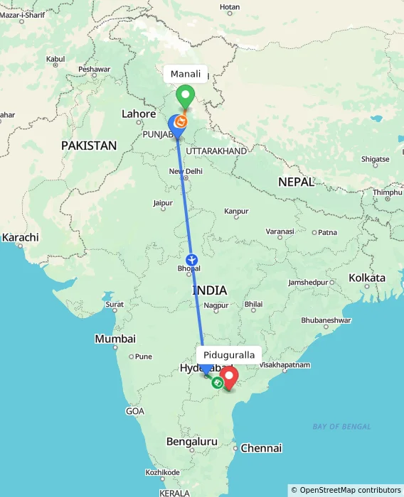 Route map showing distance and travel time from Manali, India to Piduguralla, India
