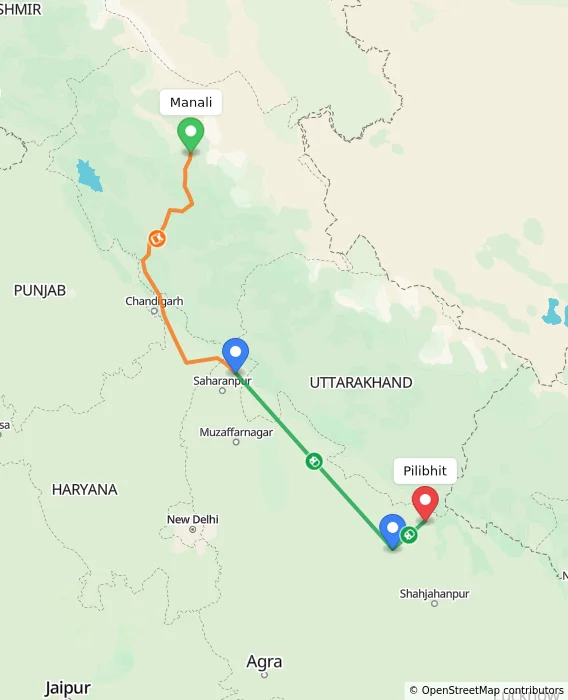 Route map showing distance and travel time from Manali, India to Pilibhit, India