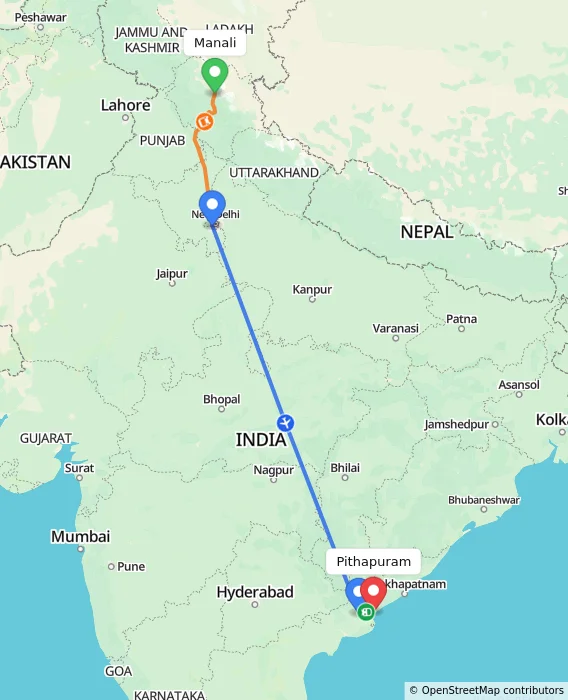 Route map showing distance and travel time from Manali, India to Pithapuram, India