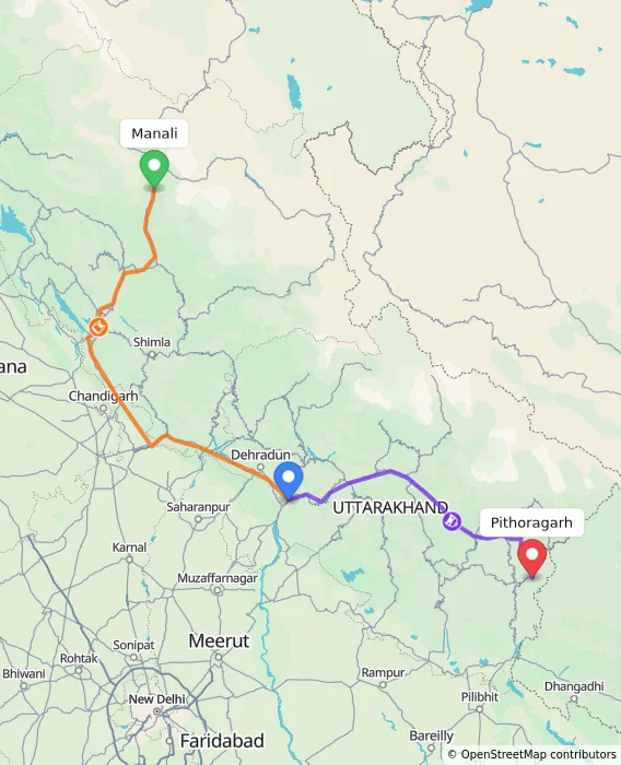 Route map showing distance and travel time from Manali, India to Pithoragarh, India