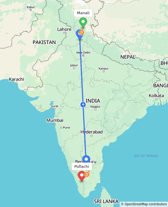 Route map showing distance and travel time from Manali, India to Pollachi, India