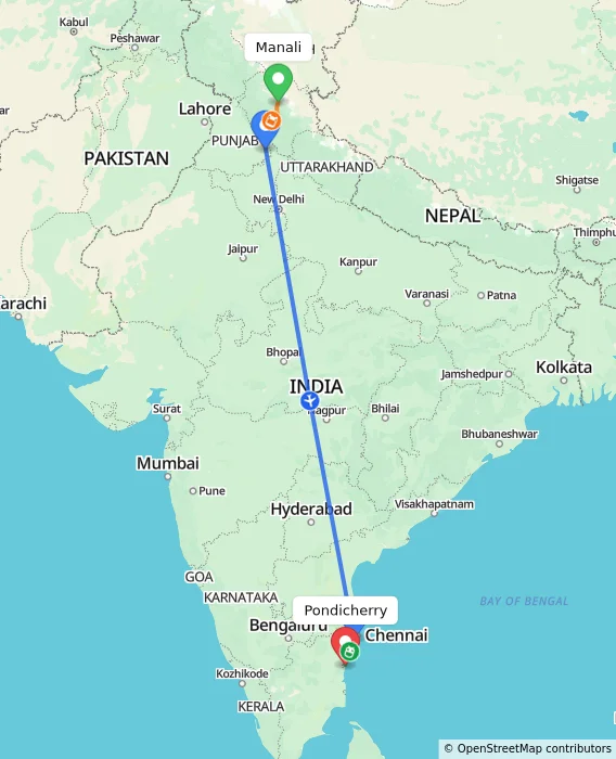 Route map showing distance and travel time from Manali, India to Pondicherry, India