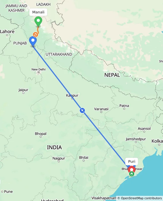 Route map showing distance and travel time from Manali, India to Puri, India
