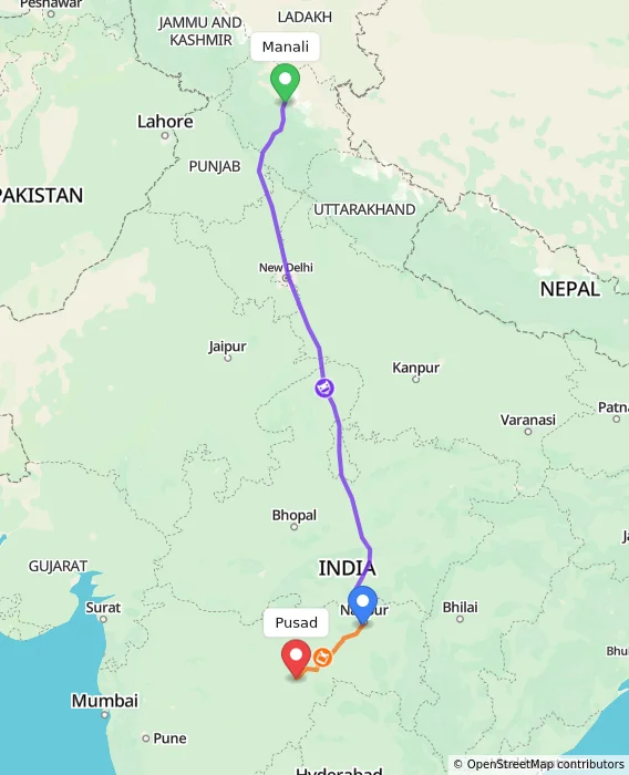 Route map showing distance and travel time from Manali, India to Pusad, India