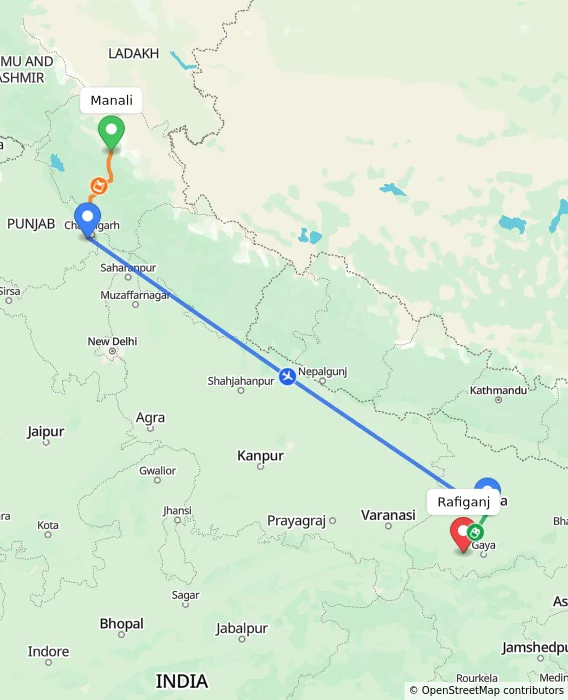 Route map showing distance and travel time from Manali, India to Rafiganj, India