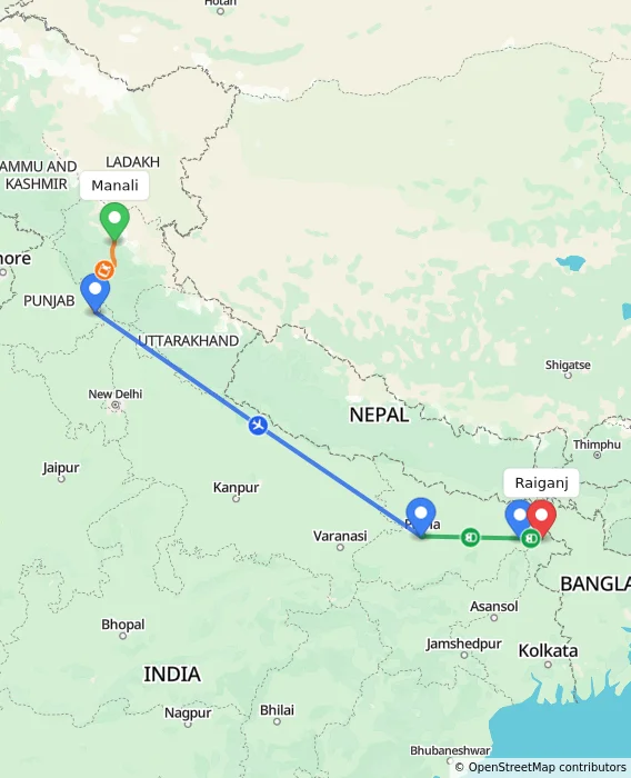 Route map showing distance and travel time from Manali, India to Raiganj, India