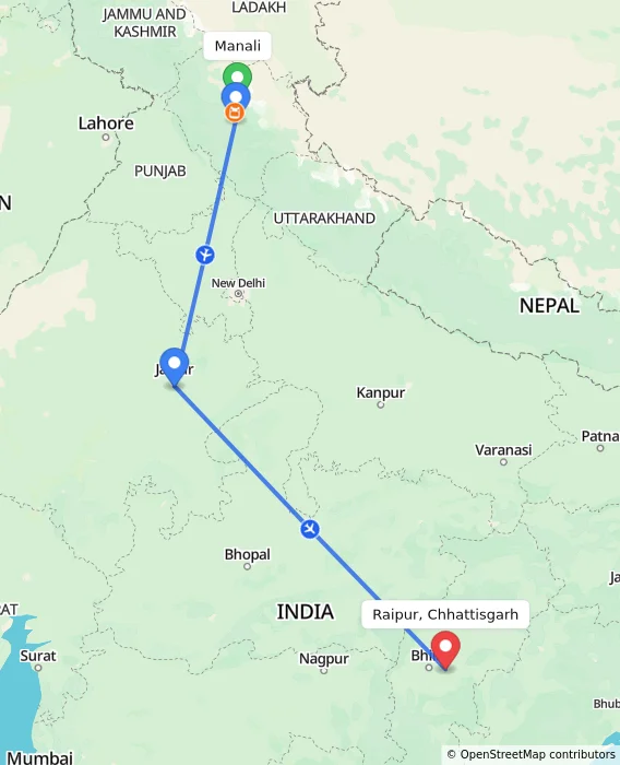 Route map showing distance and travel time from Manali, India to Raipur, Chhattisgarh, India