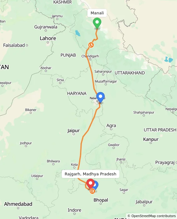 Route map showing distance and travel time from Manali, India to Rajgarh, Madhya Pradesh, India
