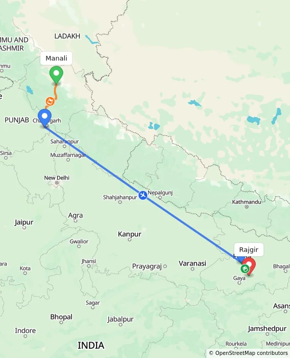 Route map showing distance and travel time from Manali, India to Rajgir, India