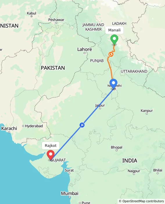 Route map showing distance and travel time from Manali, India to Rajkot, India