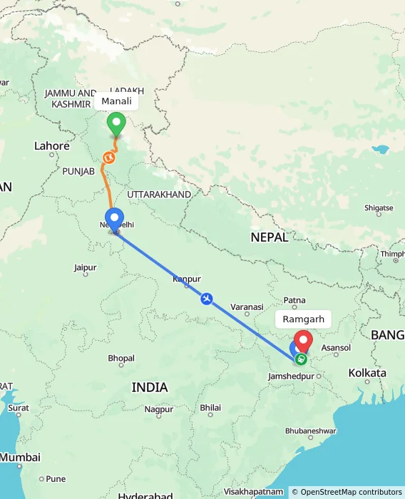 Route map showing distance and travel time from Manali, India to Ramgarh, India