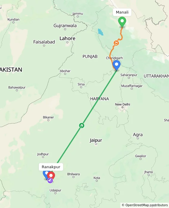 Route map showing distance and travel time from Manali, India to Ranakpur, India