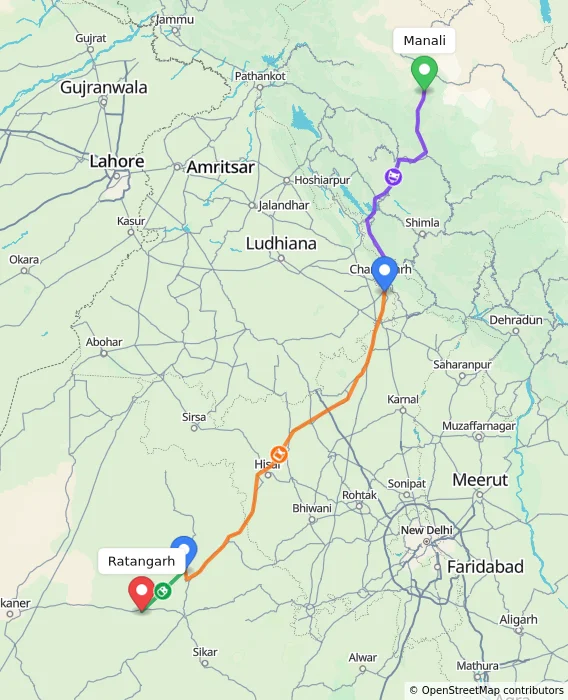 Route map showing distance and travel time from Manali, India to Ratangarh, India