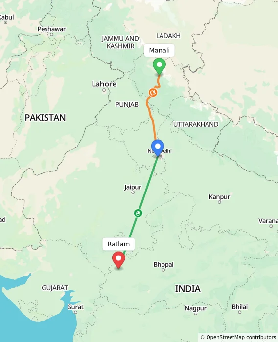 Route map showing distance and travel time from Manali, India to Ratlam, India