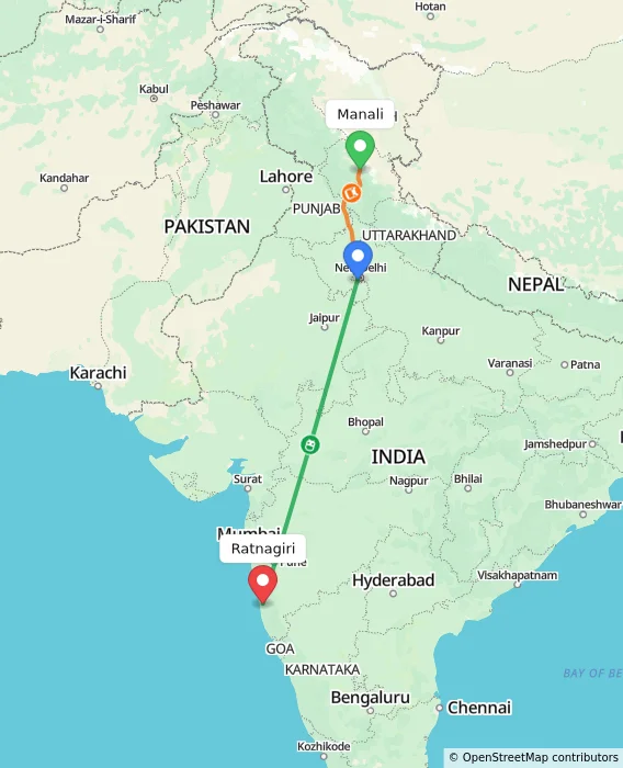Route map showing distance and travel time from Manali, India to Ratnagiri, India