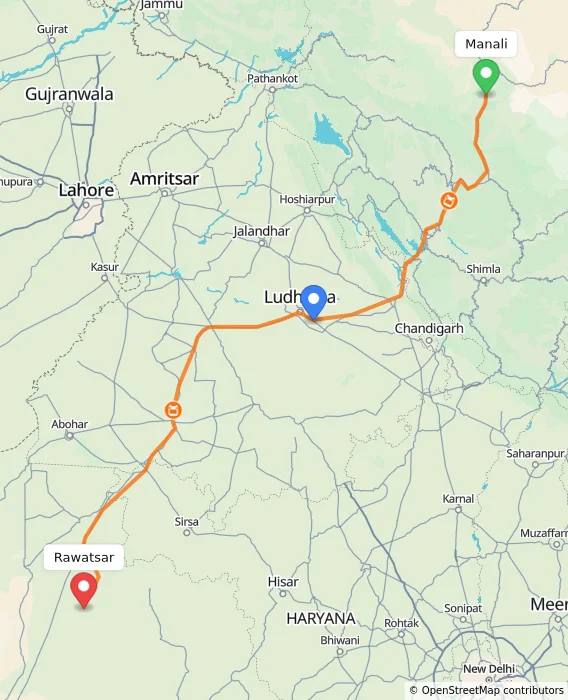 Route map showing distance and travel time from Manali, India to Rawatsar, India