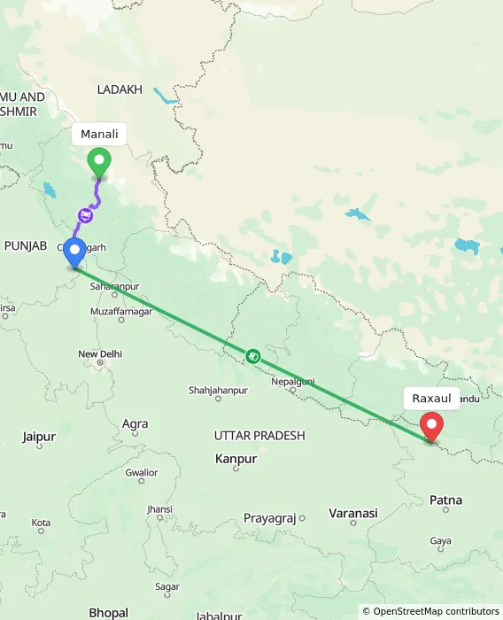 Route map showing distance and travel time from Manali, India to Raxaul, India
